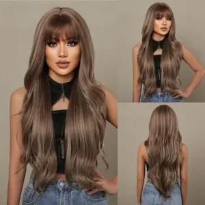 Haircube Brown Mixed Blonde Synthetic Wigs With Bang Long