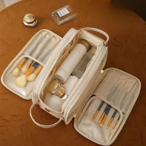 Large Capacity Storage Bag Portable PU Leather Three-Layer Organ Pillow Cosmetic Bag Double Zipper Storage Bag