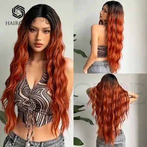 28Inch Small T13×4×1 Orange Long Curly Hair Wig Headgear Female Lace Wigs