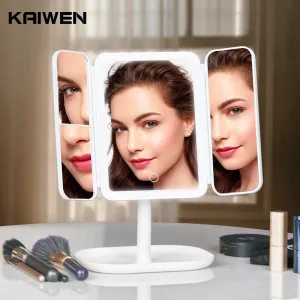 Led Makeup Mirror Touch Dimming Triple Folding Makeup Mirror 2X3X10X Magnification 360 Degree Rotation Led Light