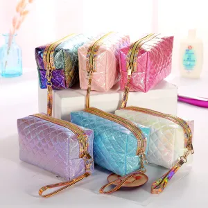 Trousse de toilette portable grande capacité en cuir brillant, sac de rangement pour pinceaux de maquillage à dégradé laser, trousse de toilette de voyage