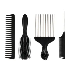 Wan Mei Black Comb Four-Piece Set Household Hair Comb Meridian Relaxation Straight Hair Comb Men'S Oil Head Roll Comb Fork Comb