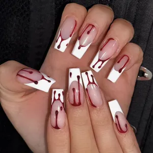 Halloween Short Trapezoidal Wear Nail Blood Drops White Removable Fake Nail Patch Finished