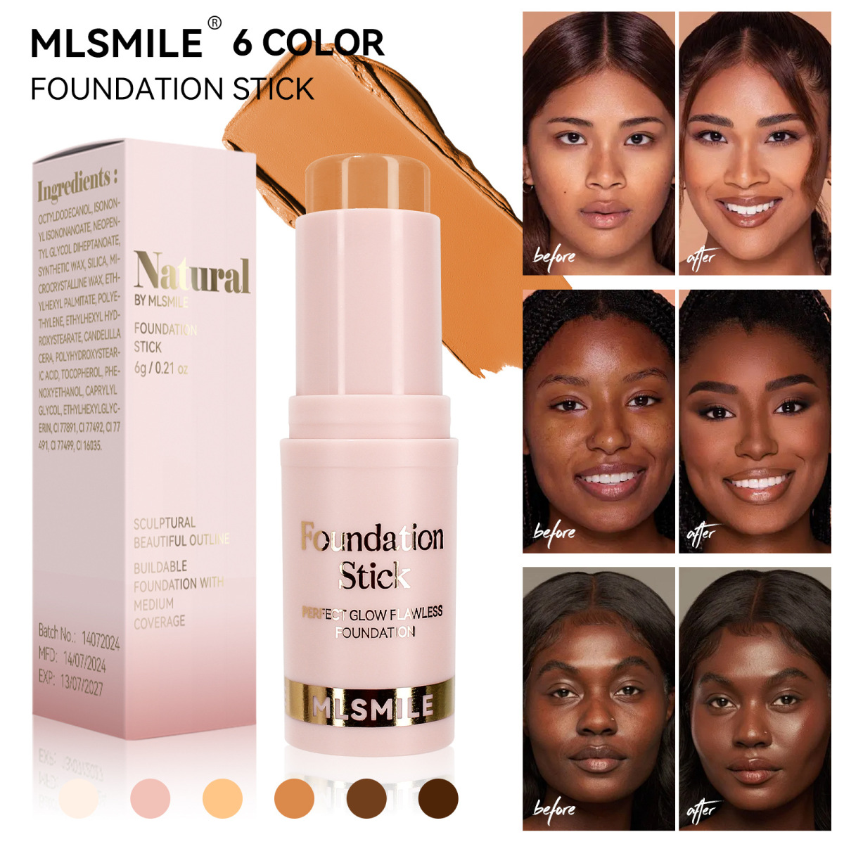 Wholesale Mlsmile 6 Color Foundation Stick Waterproof Sweatproof