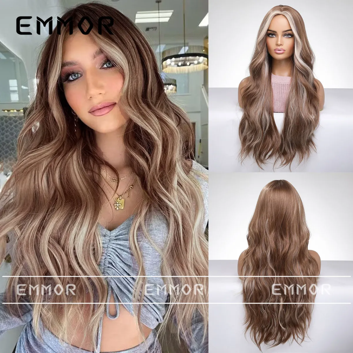Wholesale perruque de cheveux bouclés mi-longs emmor cheveux pour femmes  oreilles pendantes braise duveteuse grande vague cheveux bruns mélangés  couverture complète de la tête, image size:1200x1200