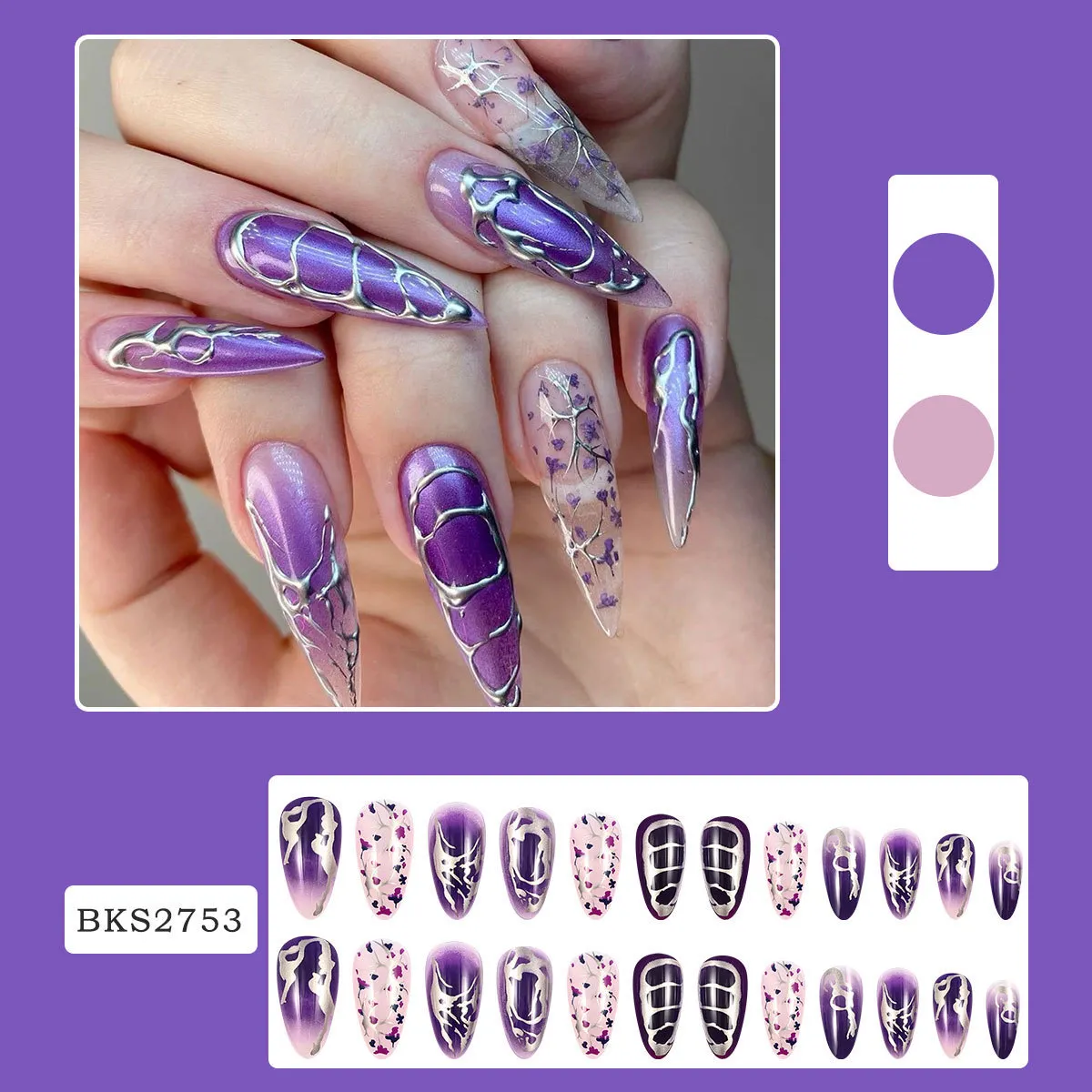 Light Purple Floral Foil Nails with Silver Finish