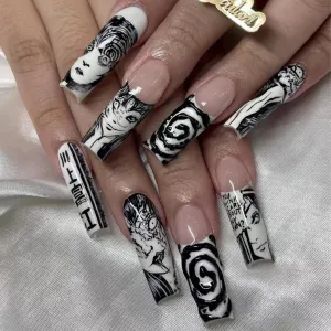 Halloween Two-Dimensional Spiritual Comic Fake Nail Thriller Black White Punk Style Wear Nail Art Patch