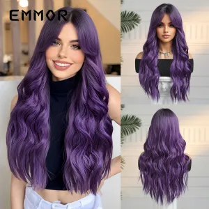 Emmor Wig With Eight-Character Bangs Purple Long Curly Hair Festive Feeling Dopamine Cos Full Head Cover