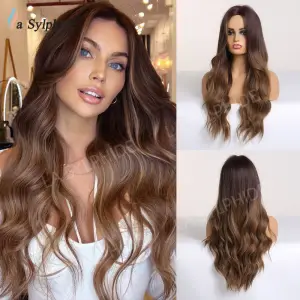 Mid-Length Curly Hair Brown Gradient Wave Wig WomenS Chemical Fiber Headgear