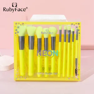 Rubyface Neon Makeup Set Brush 10 Wooden Handle Soft Fur Pu Bag Gift Box Professional Makeup Tools