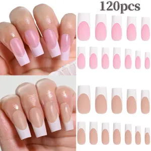 Medium And Long Pink-Through Simple White Edge Wearing Armor Finished Bag 120 Nails Advanced Manicure Pieces
