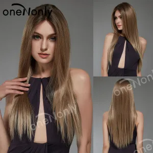 Wig WomenS Long Straight Hair White Imported Front Lace Mid-LtBrown Chemical Fiber Wig Headgear