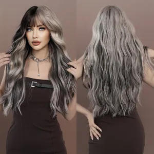 Silver Highlights Ash Wig Synthetic Long Wavy Wig With Bangs