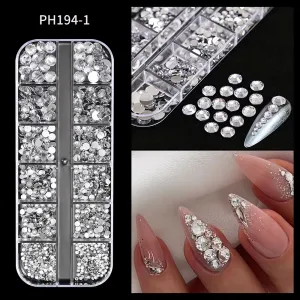Nail Art Round White Multicolor Flat Bottom Diamond 12-Grid Long Strip Fingertip Diamond Ornaments AB Diamond Resin Nail Jewelry
