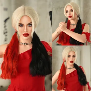 Halloween Cos Hallie Quinn Red Black Dyed Double Ponytail Long Curls