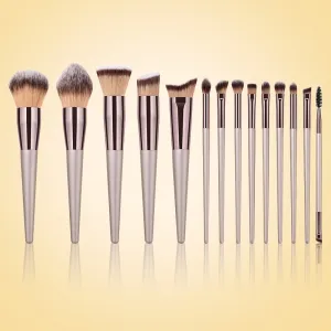 Ensemble Champagne 14 Pinceaux de maquillage à manche en bois Outils de beauté