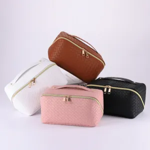 Trousse de toilette en cuir tissé, grande capacité, portable
